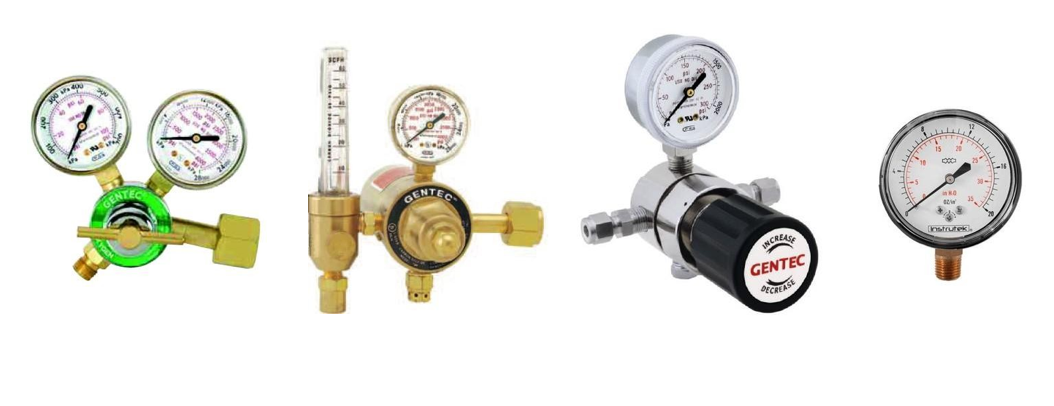 Regulador de presión industrial Gentec Harrison con manómetro para gases.