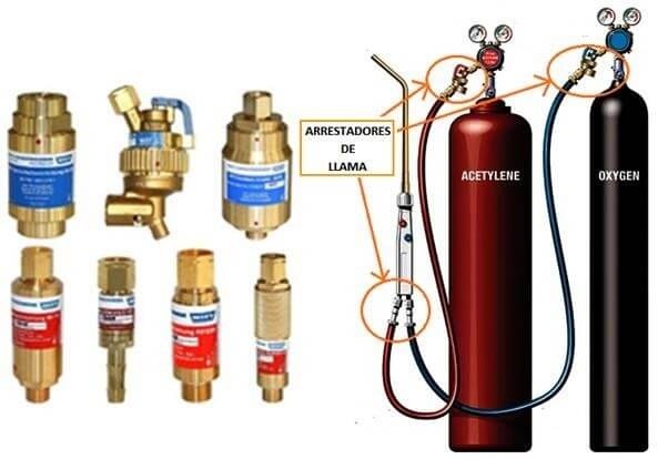 Arrestadores de llama conectados a cilindros de oxígeno y acetileno para oxicorte seguro.
