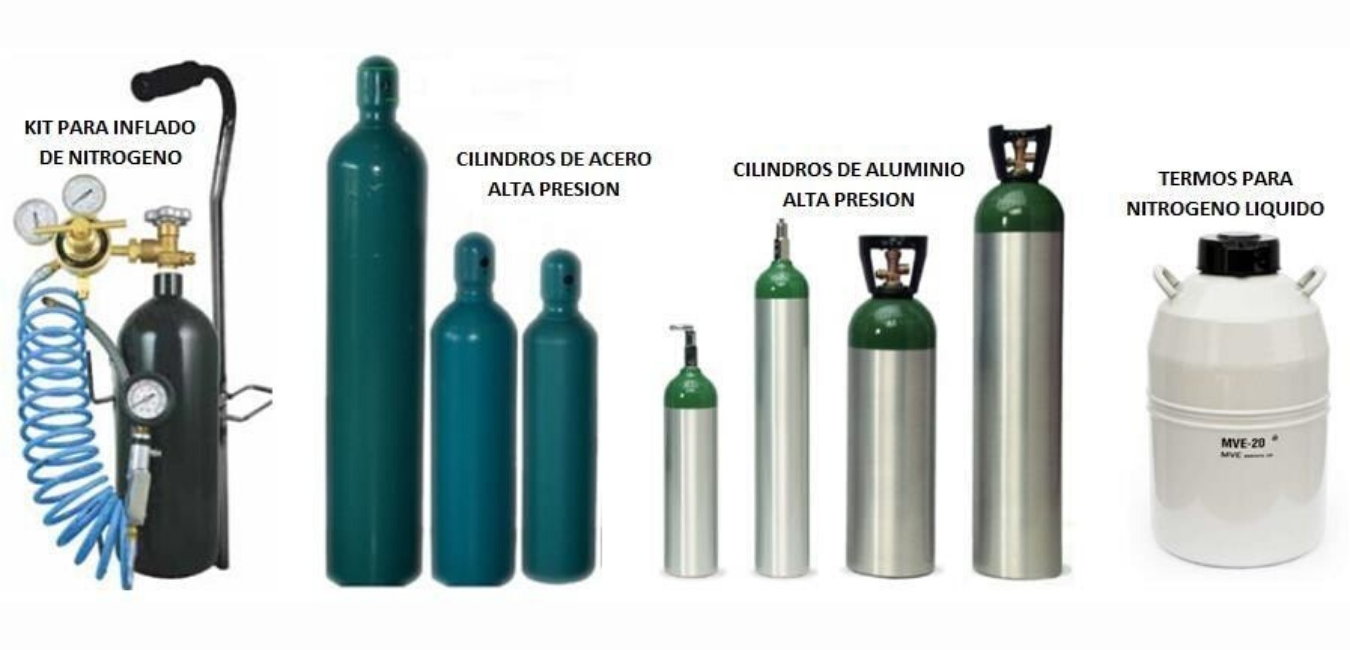 Kit para inflado de nitrógeno, cilindros de acero y aluminio de alta presión, y termos criogénicos para nitrógeno líquido distribuidos por Gases de la Costa.