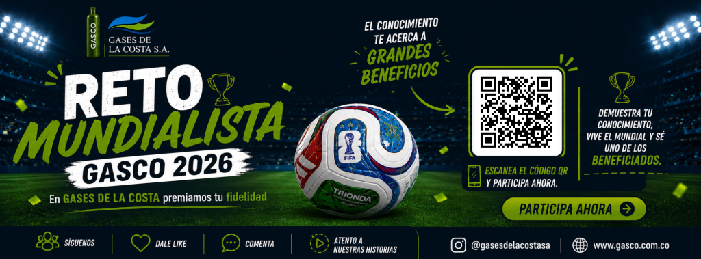 Banner del Reto Mundialista GASCO 2026 con código QR para participar y botón de acceso al concurso